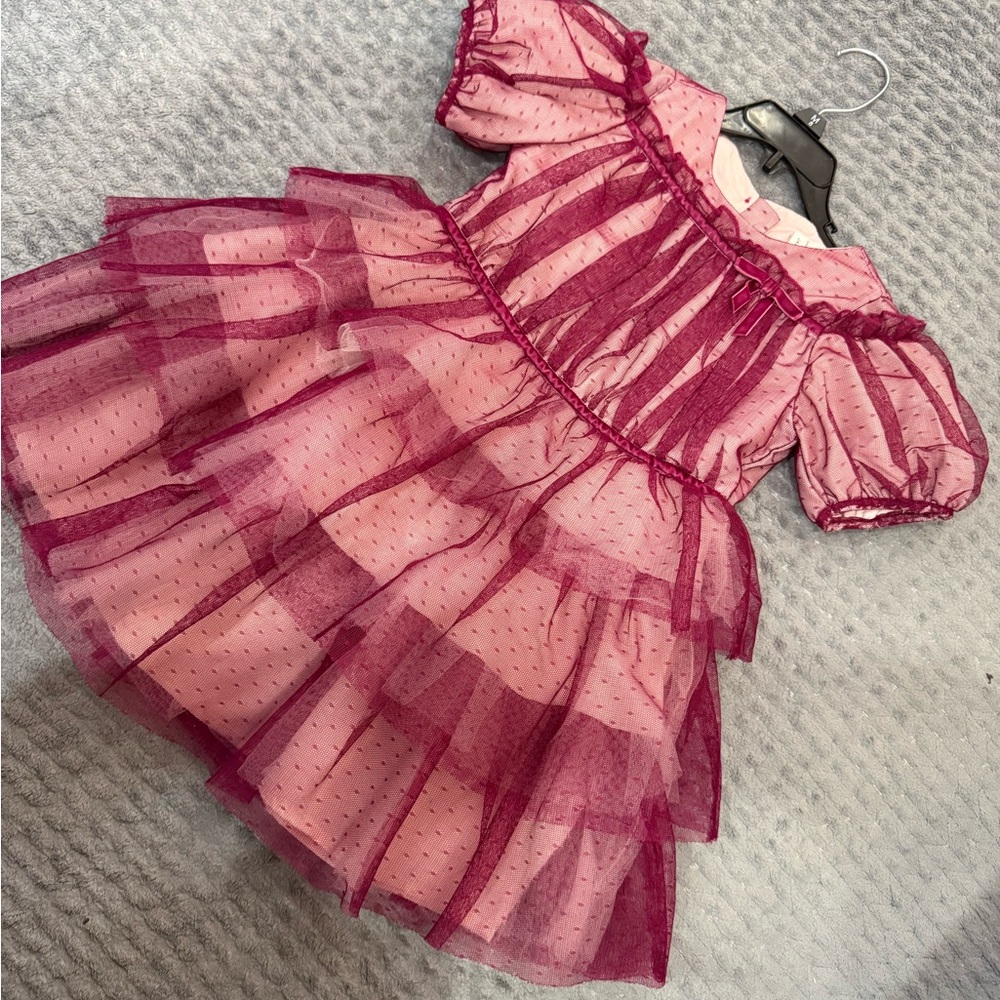 Janie and Jack Magenta Layered Tulle Dress with velvet Bow 5 - Picture 2 of 6